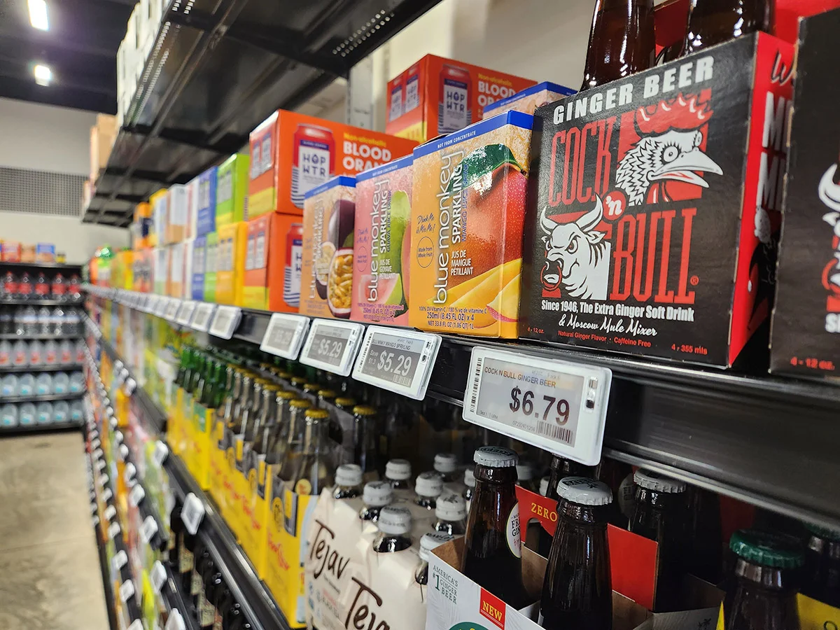 Electronic shelf label system showing real-time pricing and product information in retail store