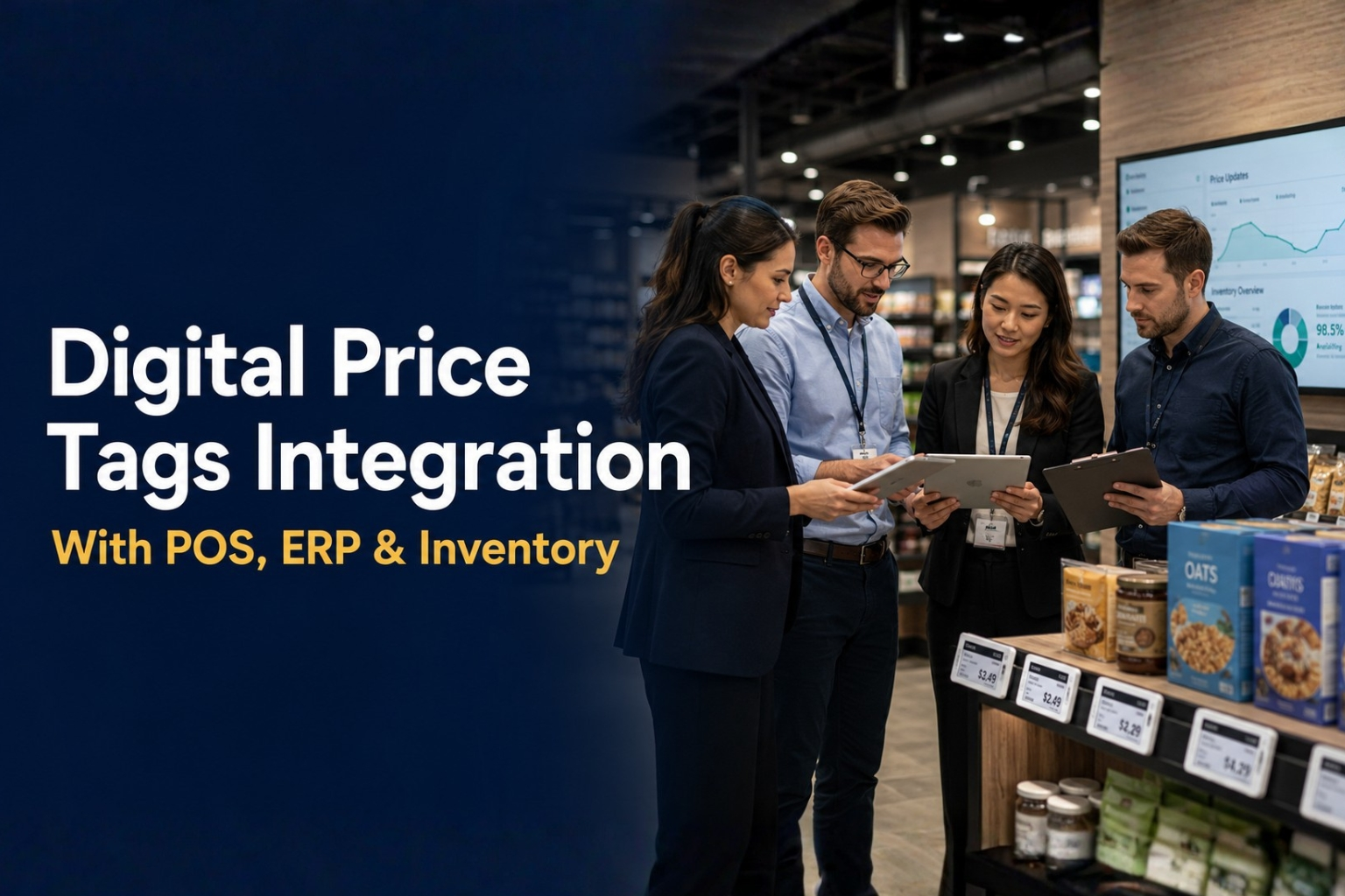 Retail team discusses digital price tags integration with POS, ERP, and inventory systems in a grocery store.