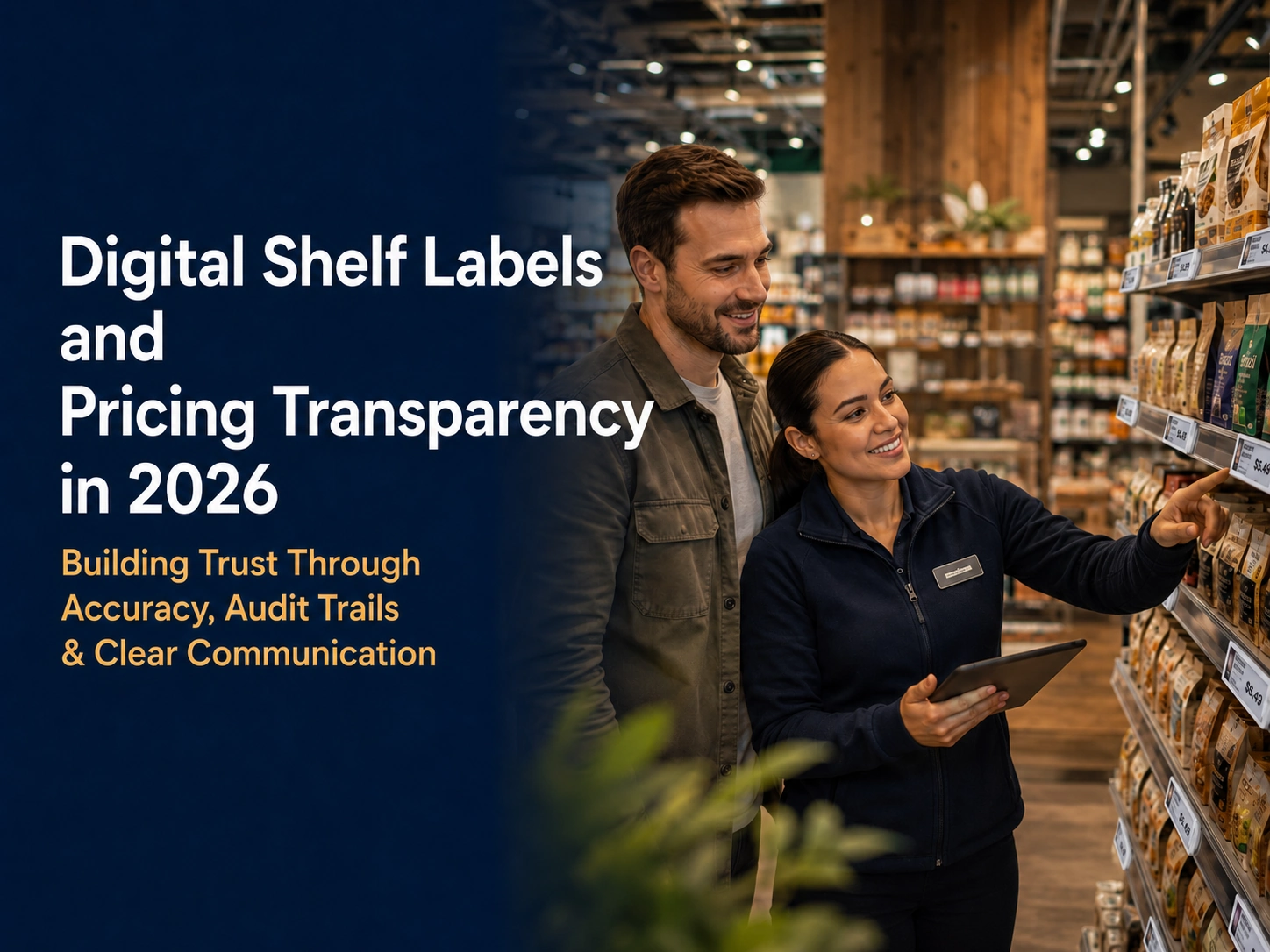 Retail associate shows a customer digital shelf labels in a grocery aisle, highlighting accurate and transparent pricing.