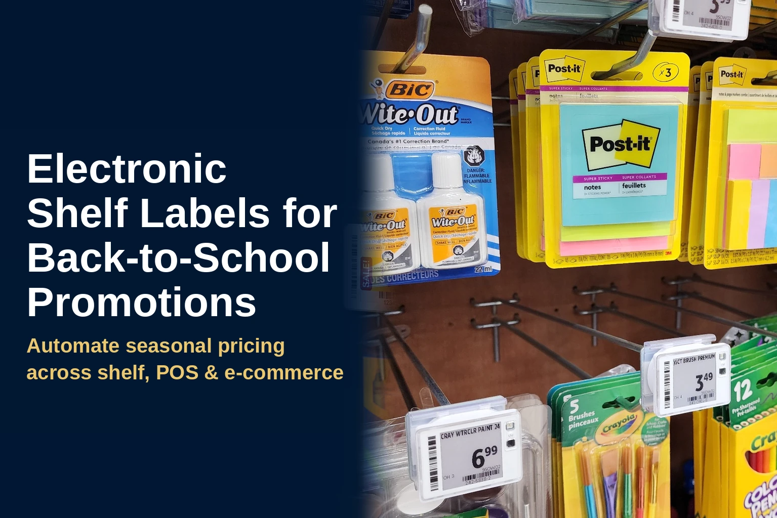 Electronic shelf labels displaying back-to-school pricing beside school supplies, including Post-it notes, paintbrushes, and colored pencils.
