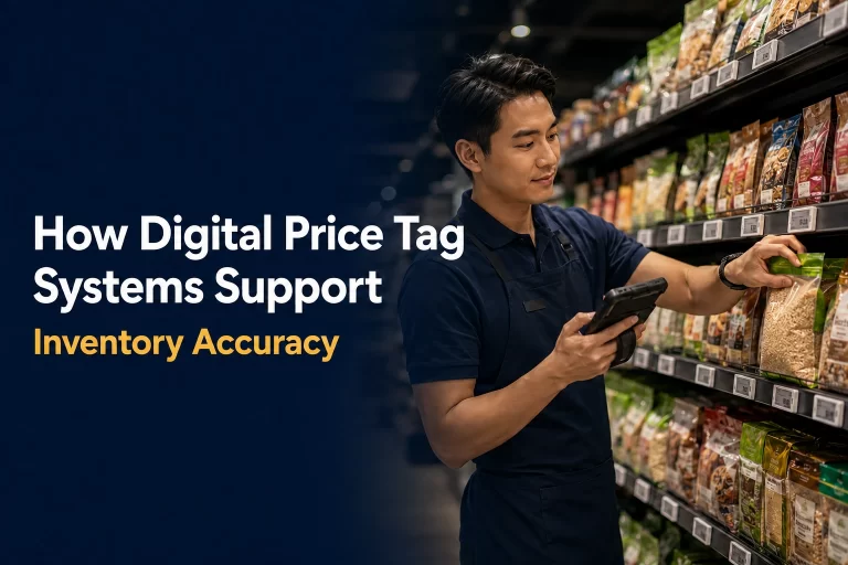 A retail associate uses a handheld device to stock a grocery shelf fitted with electronic price tags.
